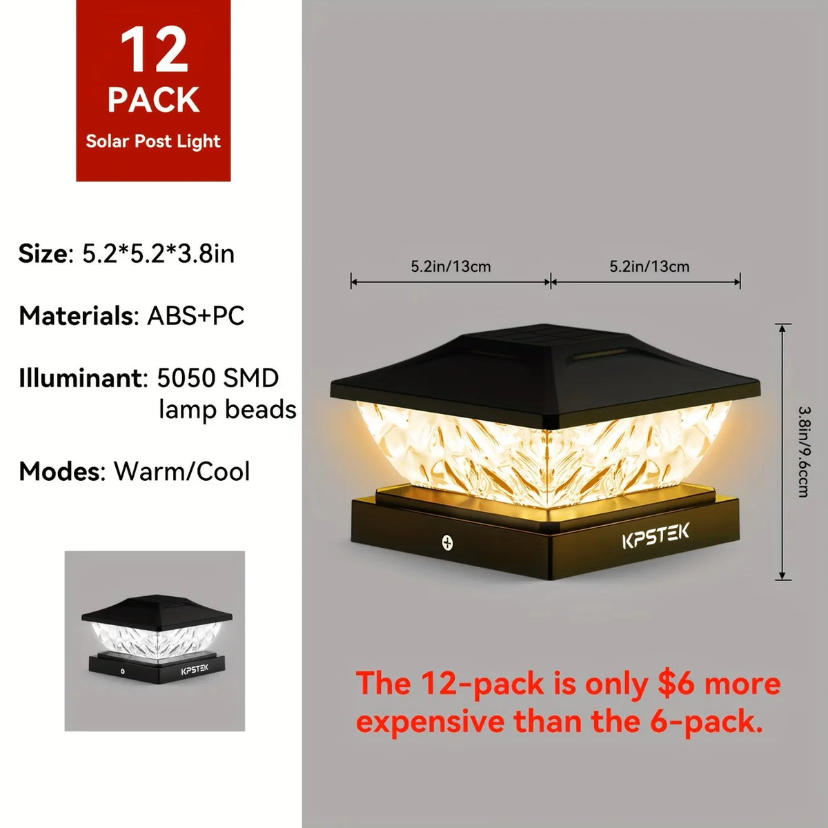 KPSTEK Solar Outdoor Fence Light Waterproof Led Garden Pillar Lamp