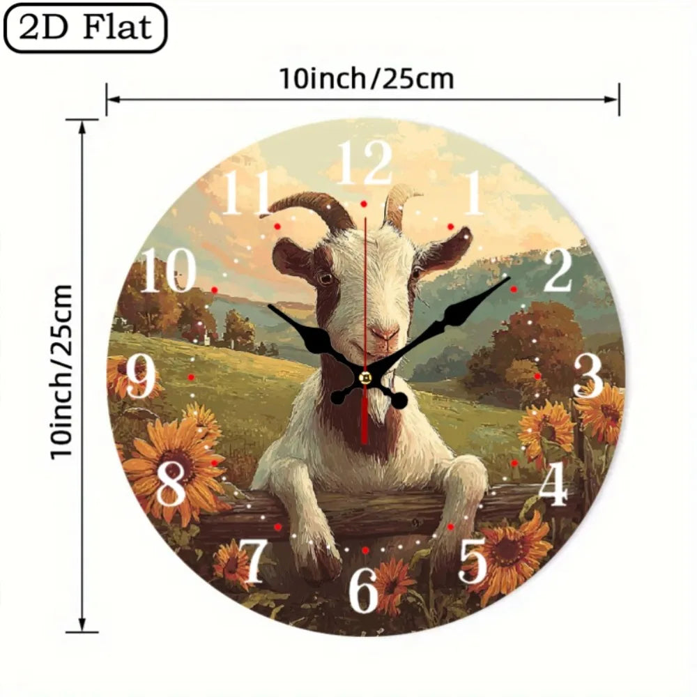 XMSJ 10 Inch Smiling Goat Sunflowers Wooden Wall Clock