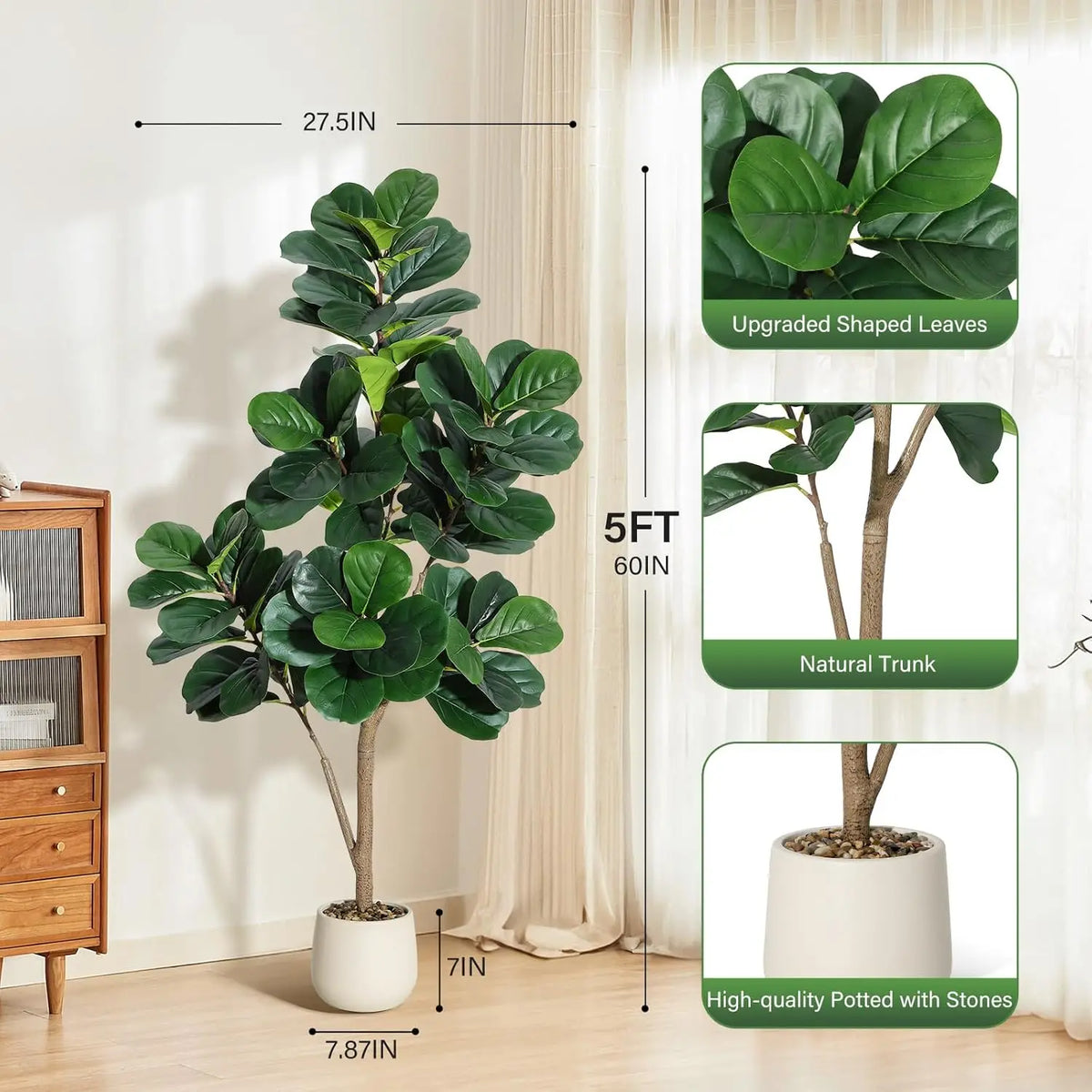 HiMiss Artificial Fiddle Leaf Fig Floor Tree With Planter