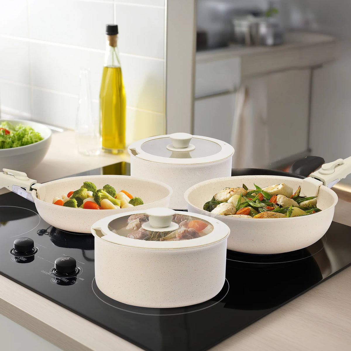 Nonstick Granite Cookware Set With Detachable Handles And Glass Lids