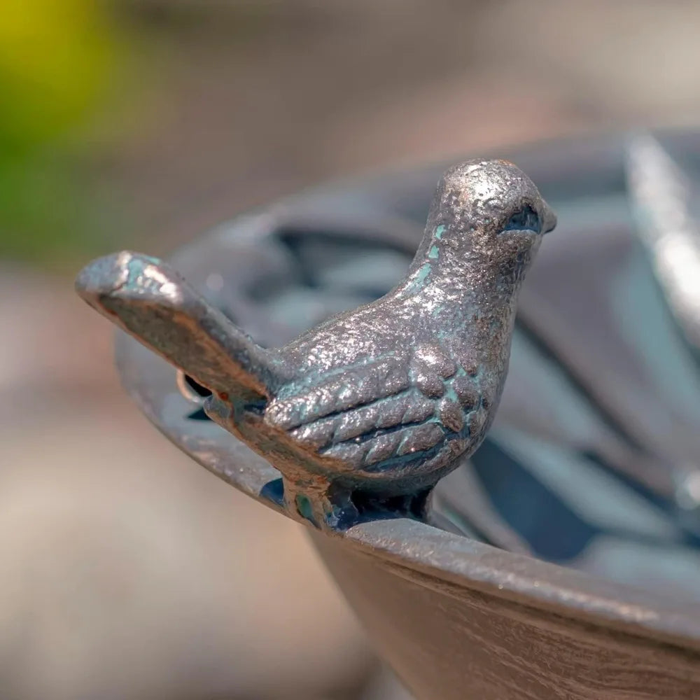 Metal Birdbath With Two Cast Iron Birds And Leaf Decoration