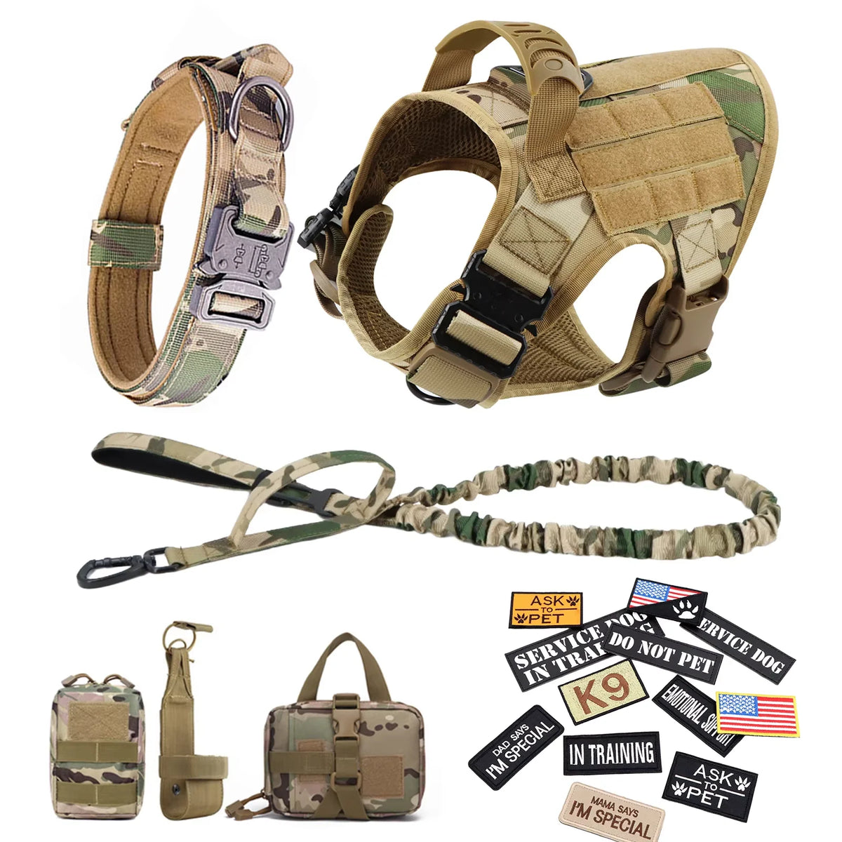 Military Large Dog Harness Vest Set With Leash Patches Bags