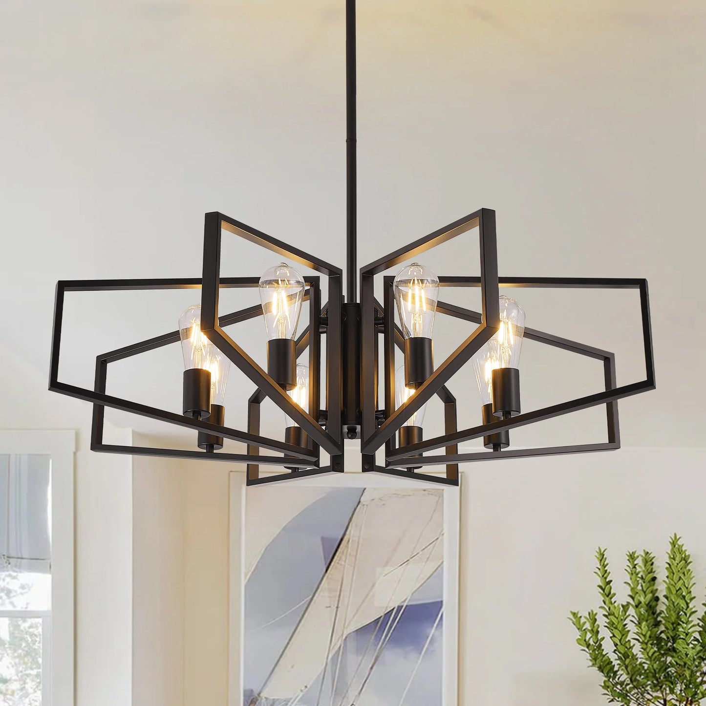 Geometric 8-Light Chandelier With Adjustable Height Metal Pendant