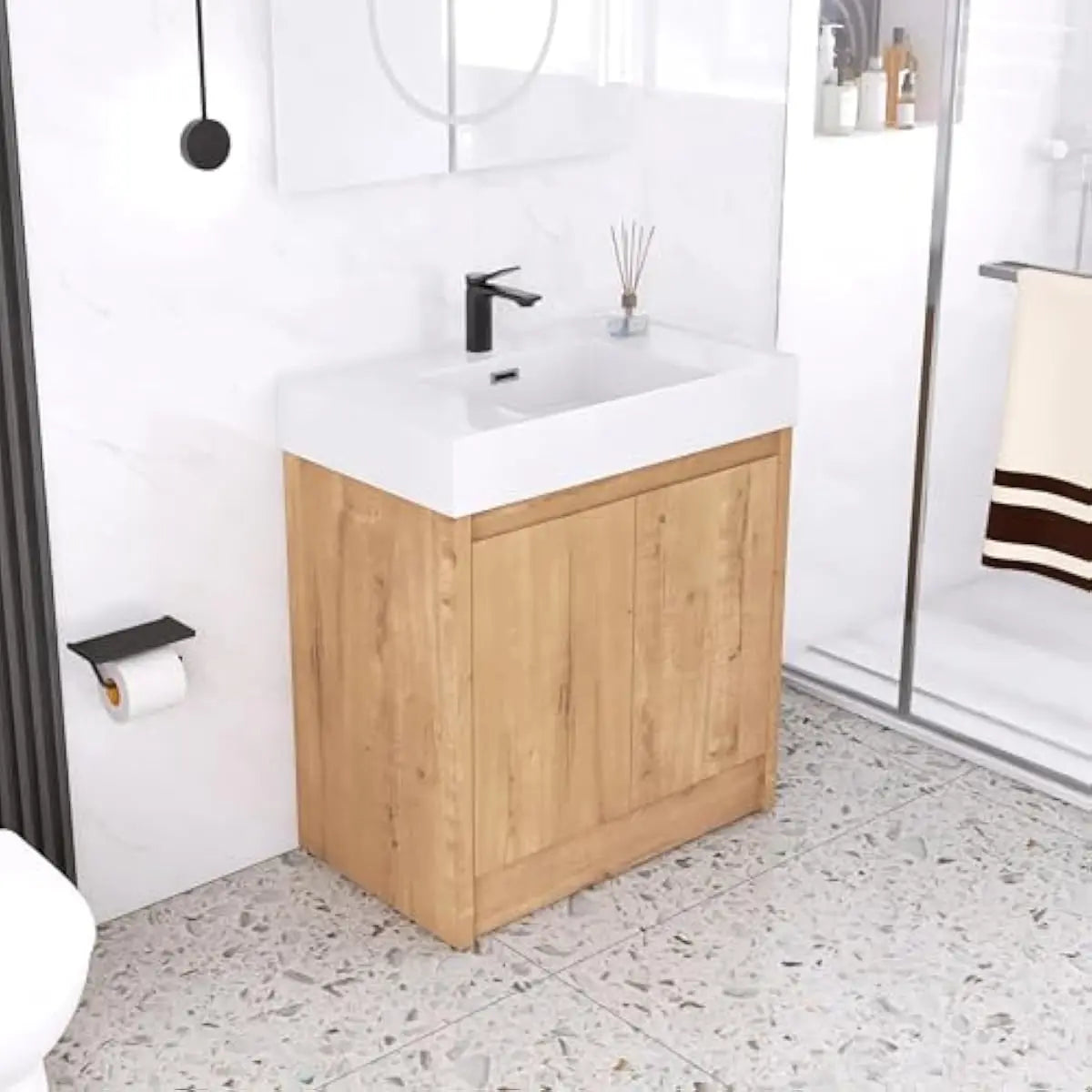 Freestanding Bathroom Vanity Cabinet With Resin Sink And Adjustable Shelves