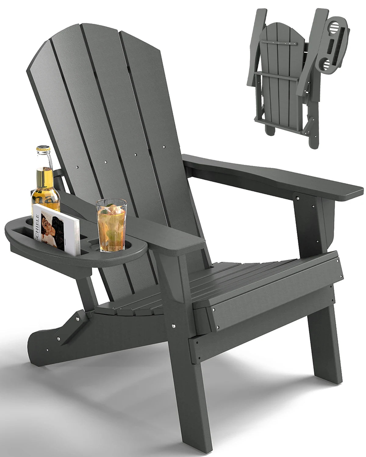 FOOWIN Folding Adirondack Chair Weather Resistant HDPE With Cup Holder