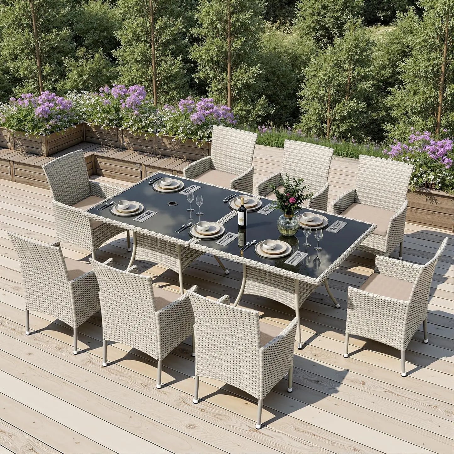Outdoor Dining Set With Tempered Glass Table And Cushioned Chairs
