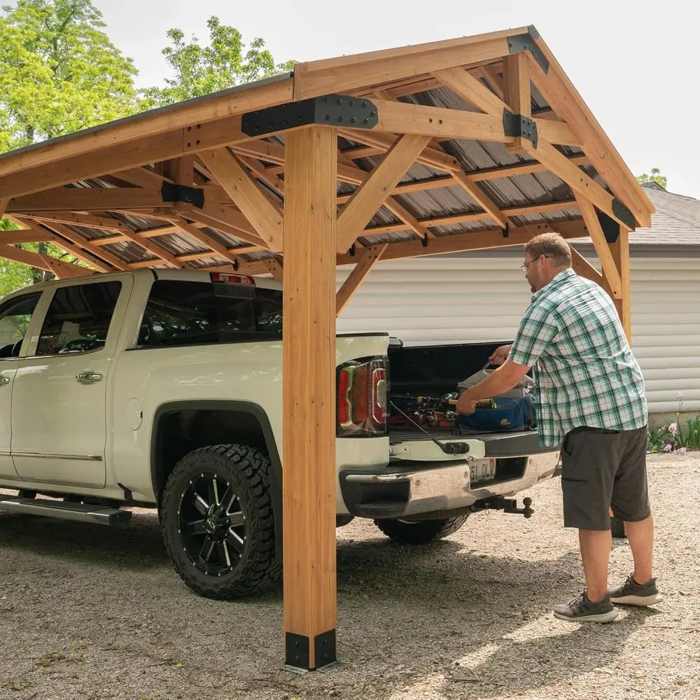 Cedar Wood Carport Pavilion With Steel Roof For Outdoor Shelter