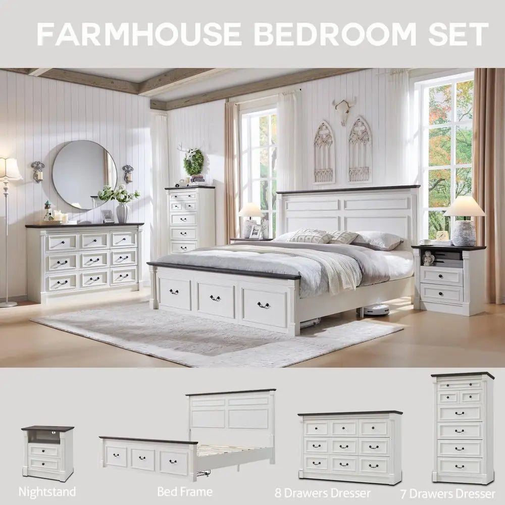 Farmhouse Bed Frame With Tall Headboard And Roman Column Footboard