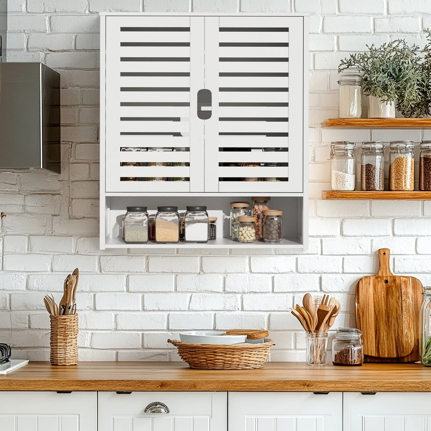 Bamboo Wall Mounted Cabinet With Adjustable Shelves Double Door Medicine Cabinet