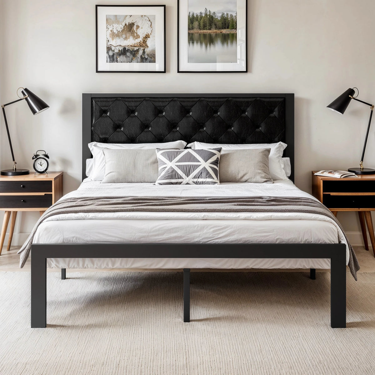 Hoomic Metal Bed Frame With Upholstered Stitched Linen Headboard