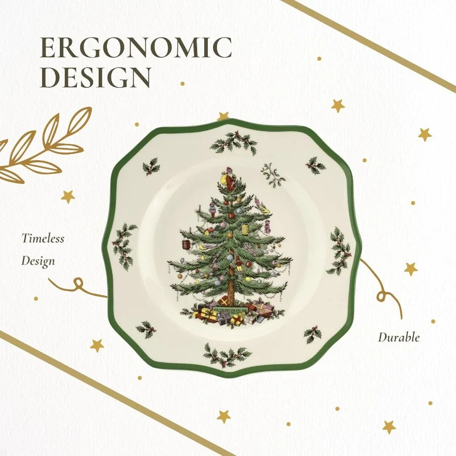 Christmas Tree Scalloped Dinner Plates Set of 4 Stoneware Dishes