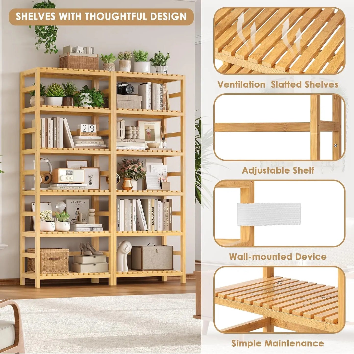 Six Tier Bamboo Shelf Freestanding Storage Unit For Home Office
