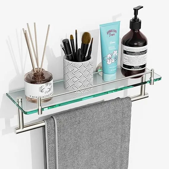 Glass Bathroom Shelf With Towel Bar In Brushed Nickel Finish