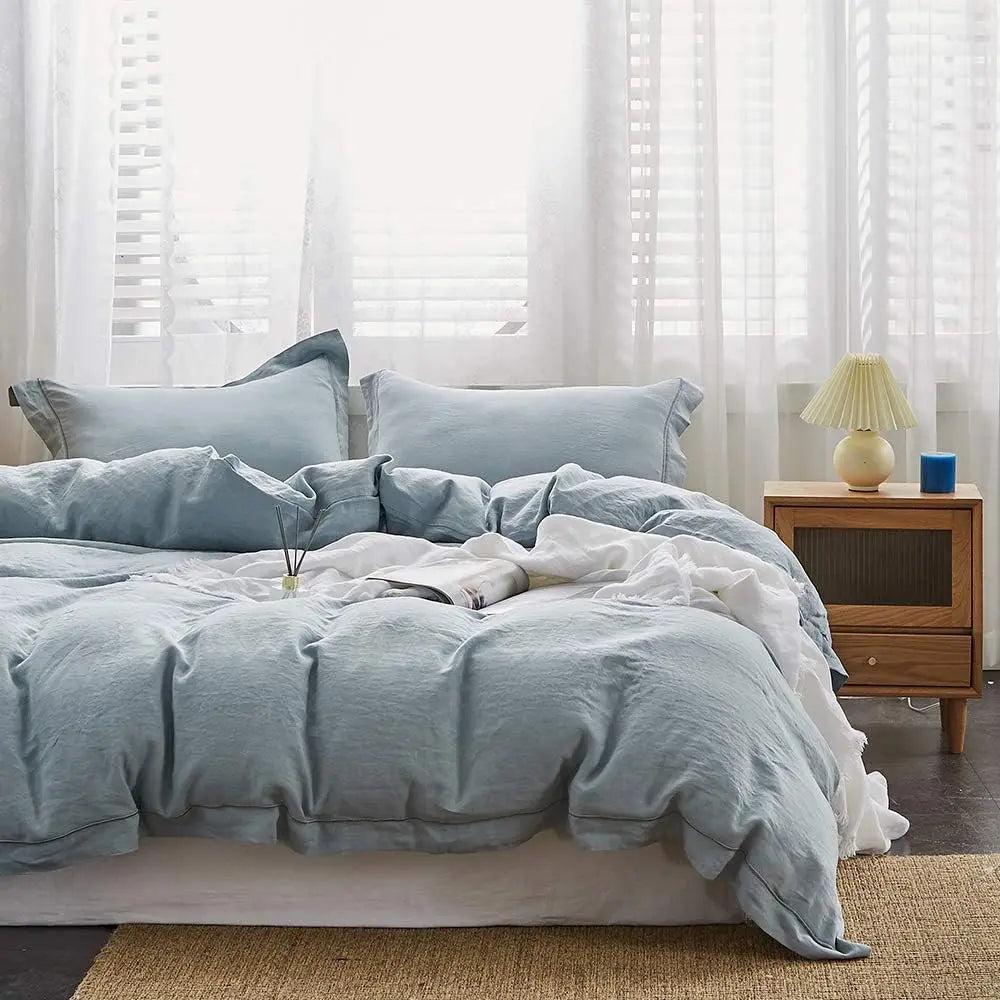 Simple&Opulence Linen Bedding Set With Embroidered Border And Duvet Cover
