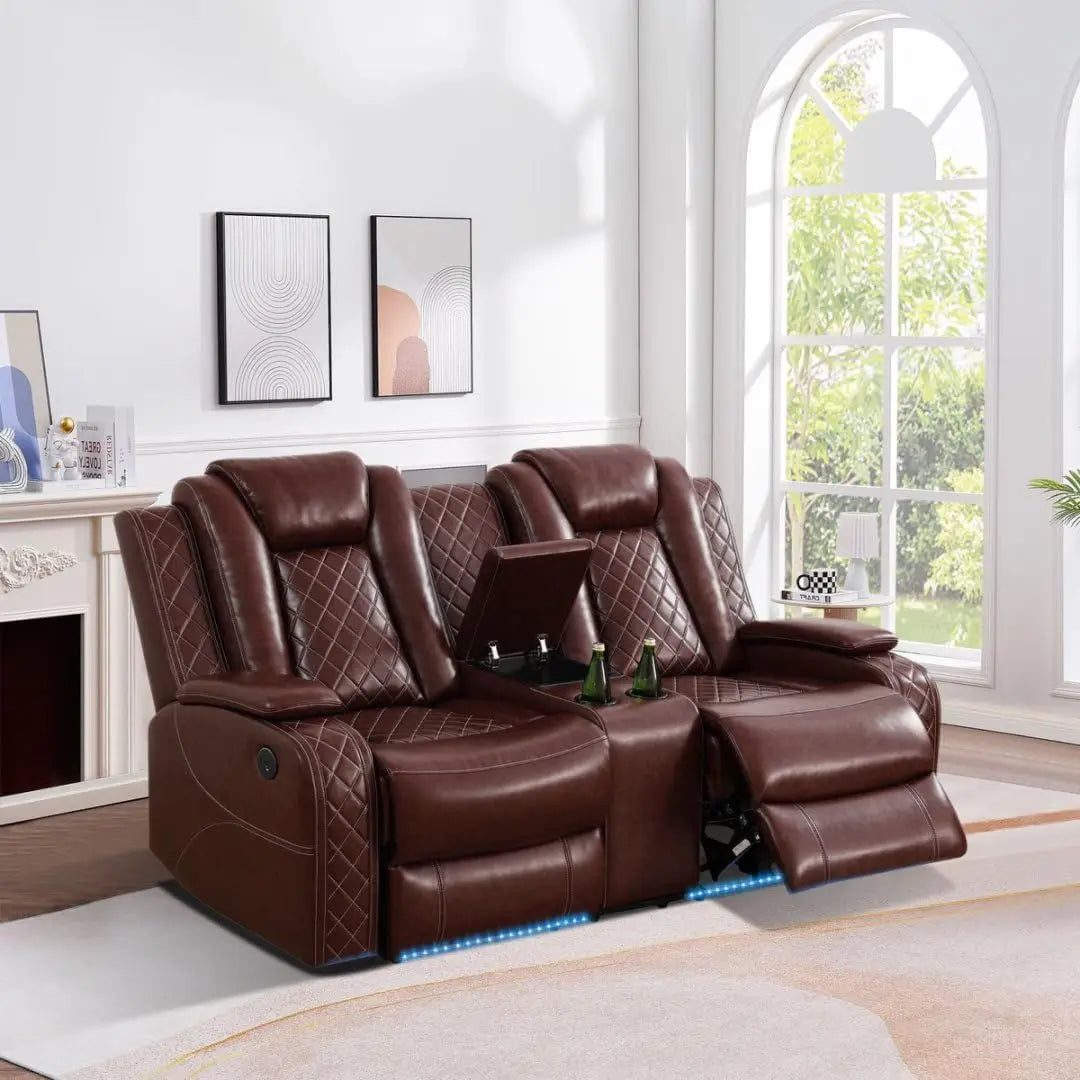 Power Leather Recliner Sofa Set With LED And USB Charging