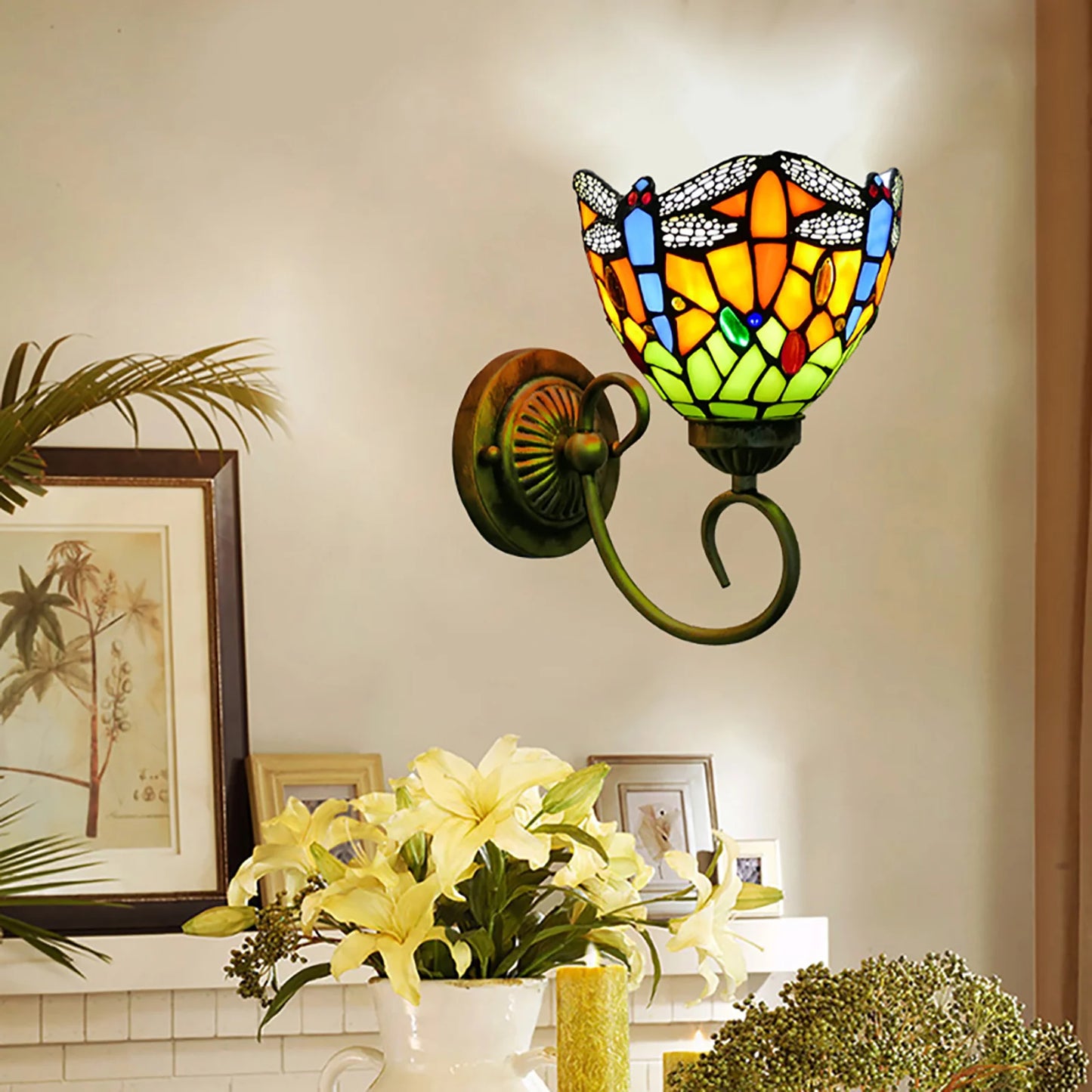 Stained Glass Dragonfly Wall Light With E27 Bulb Holder