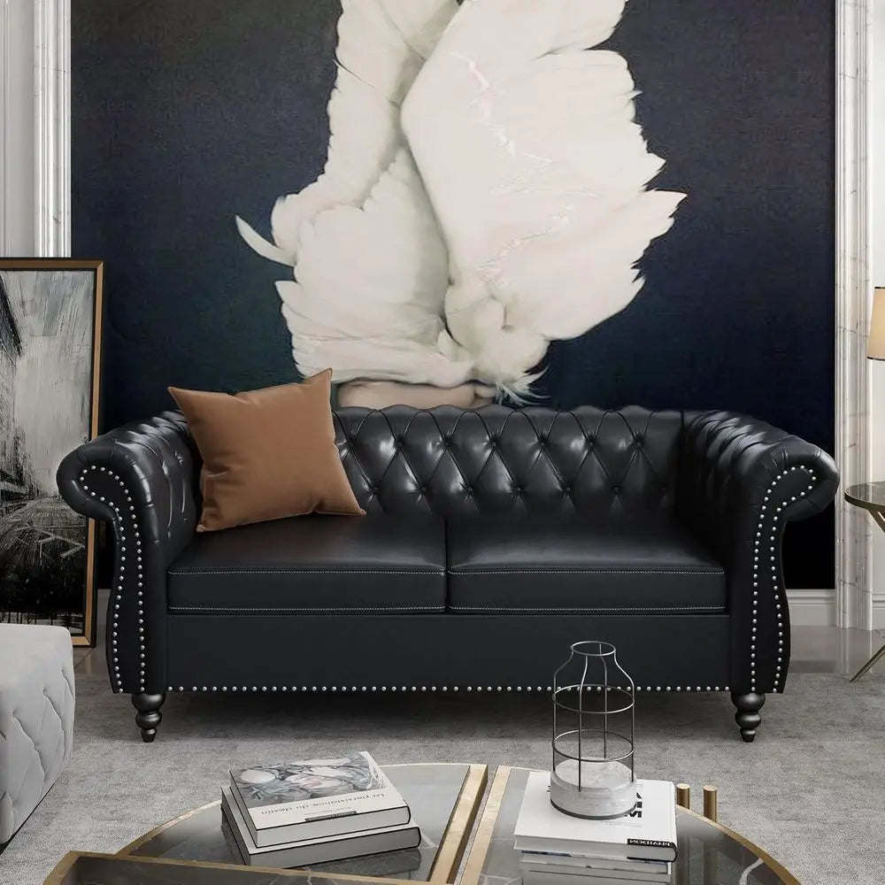 Chesterfield Leather Sofa and Loveseat Set with Scroll Arm Design