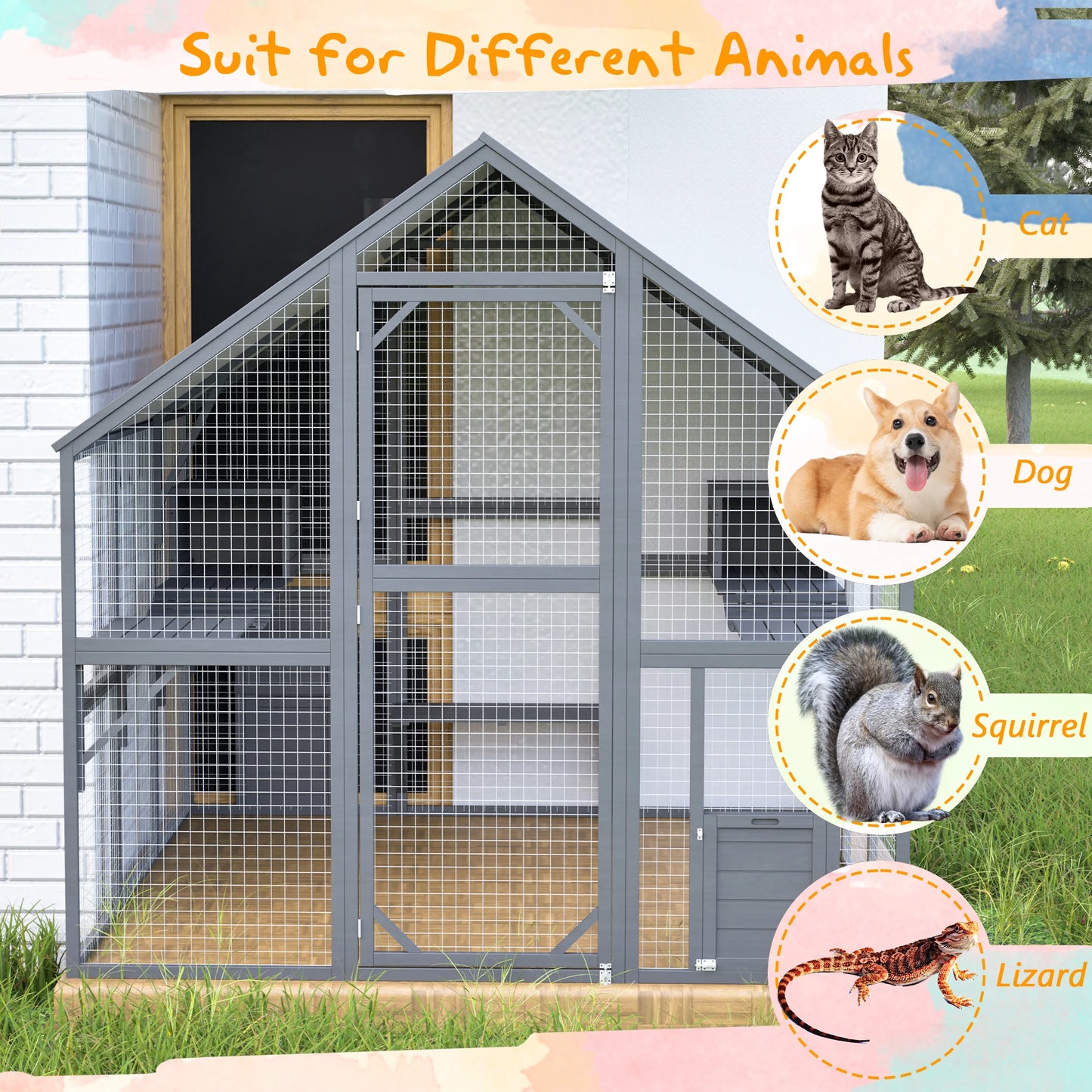 Outdoor Wooden Cat House With Walk In Cat Enclosure Doors Roof
