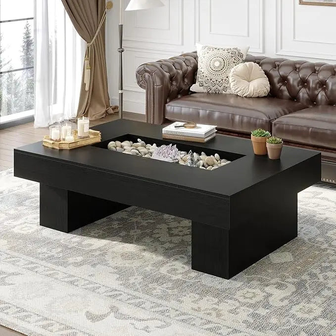 XIUWO Modern Farmhouse Wood Coffee Table With Storage LED