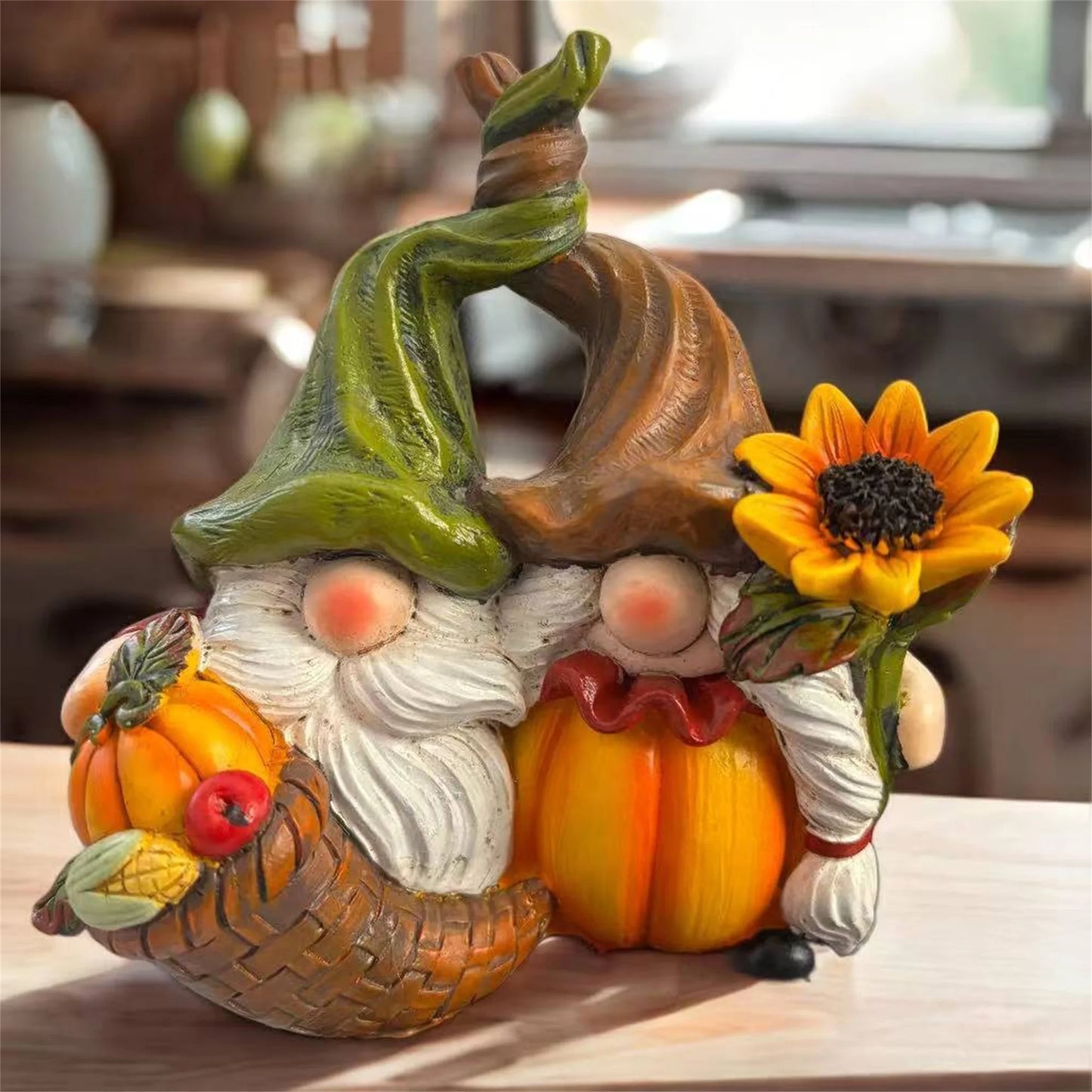 Autumn Harvest Gnome Figurines With Sunflower And Pumpkin Accents