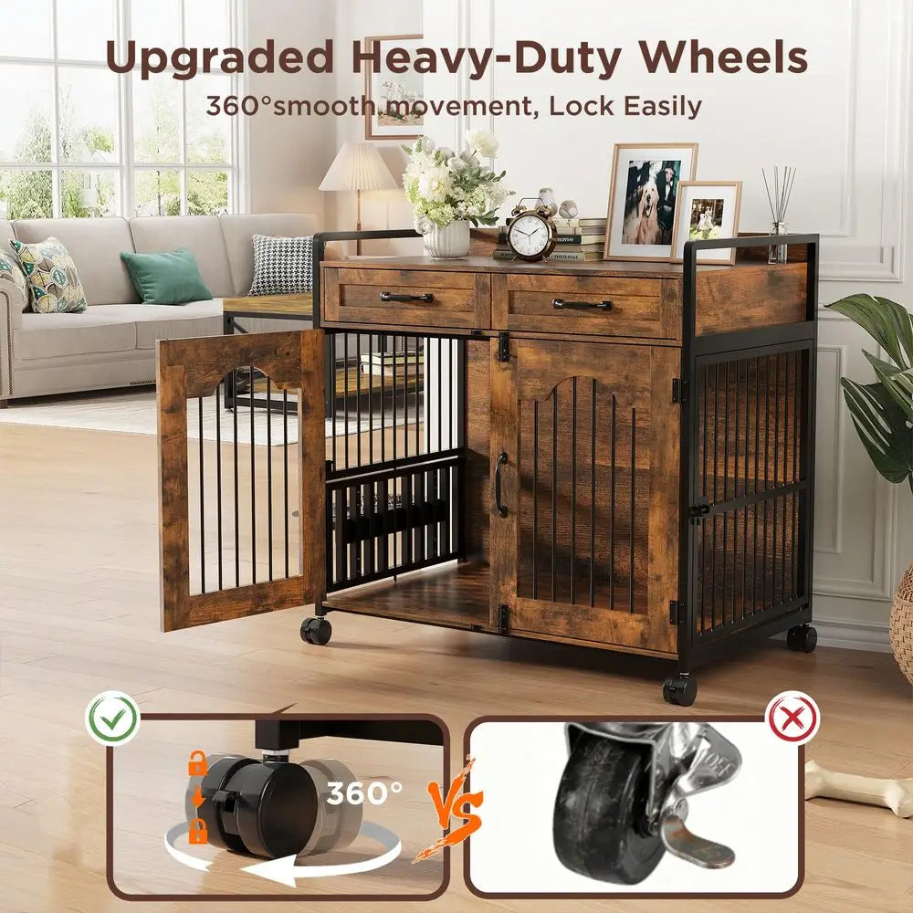 Wooden Dog Crate Furniture Kennel With Two Storage Drawers