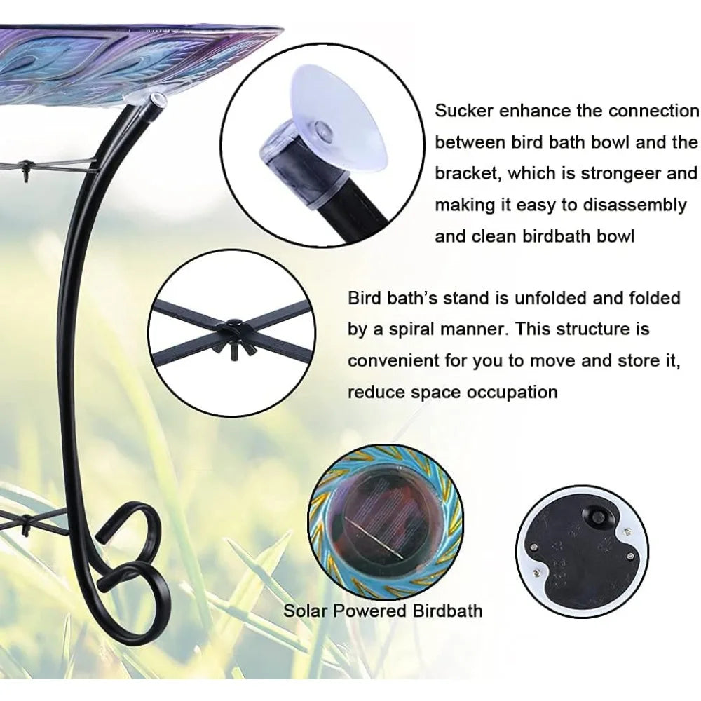 Solar Led Glass Bird Bath With Metal Stand For Garden