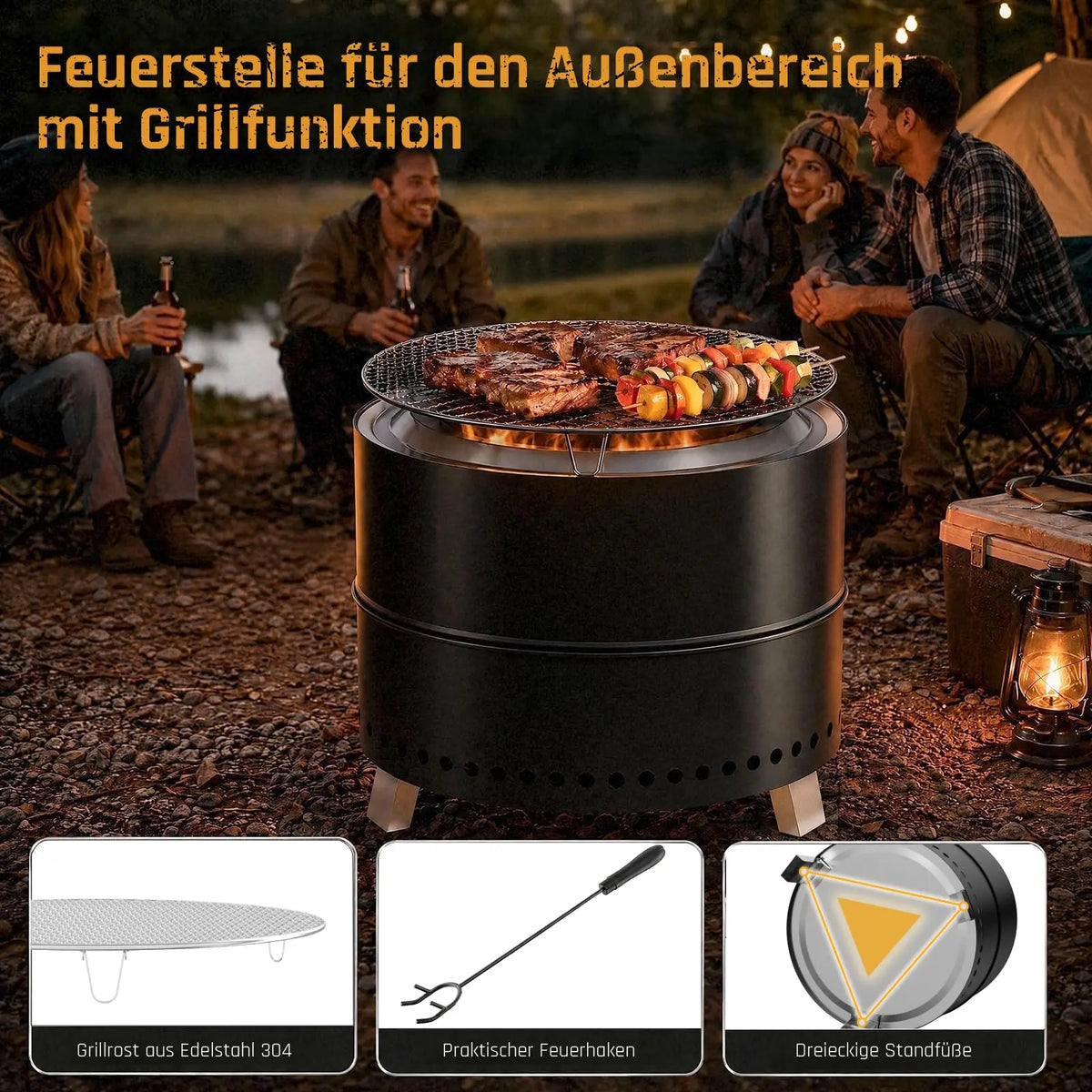 Portable Smokeless Stainless Fire Pit With Grill Grate And Accessories