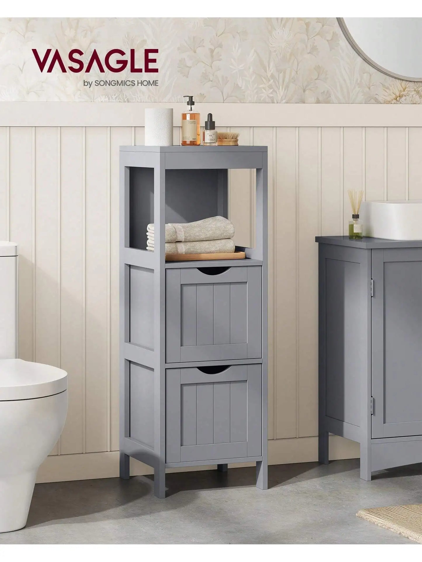 Modern Bathroom Floor Cabinet With Two Drawers And Open Shelf