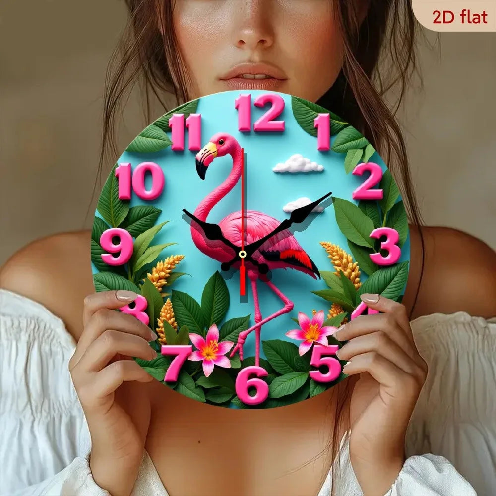XMSJ Nursery Wall Clock Flamingo Tropical Garden Decor