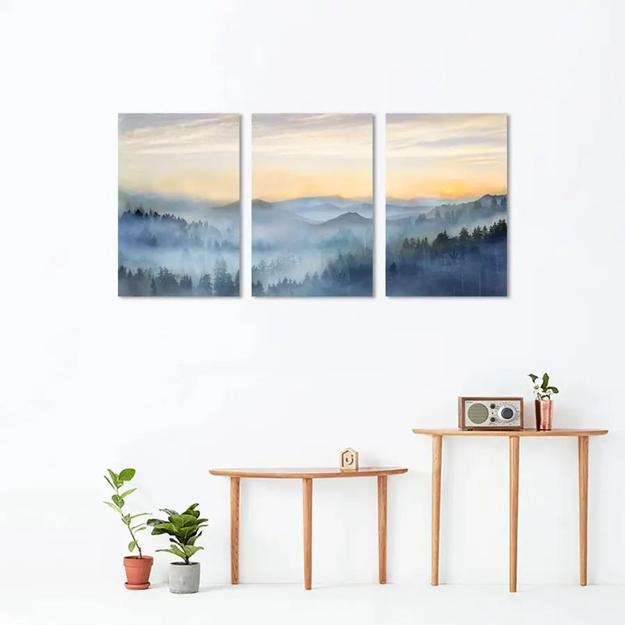Sunrise Misty Forest Three Panel Wall Art