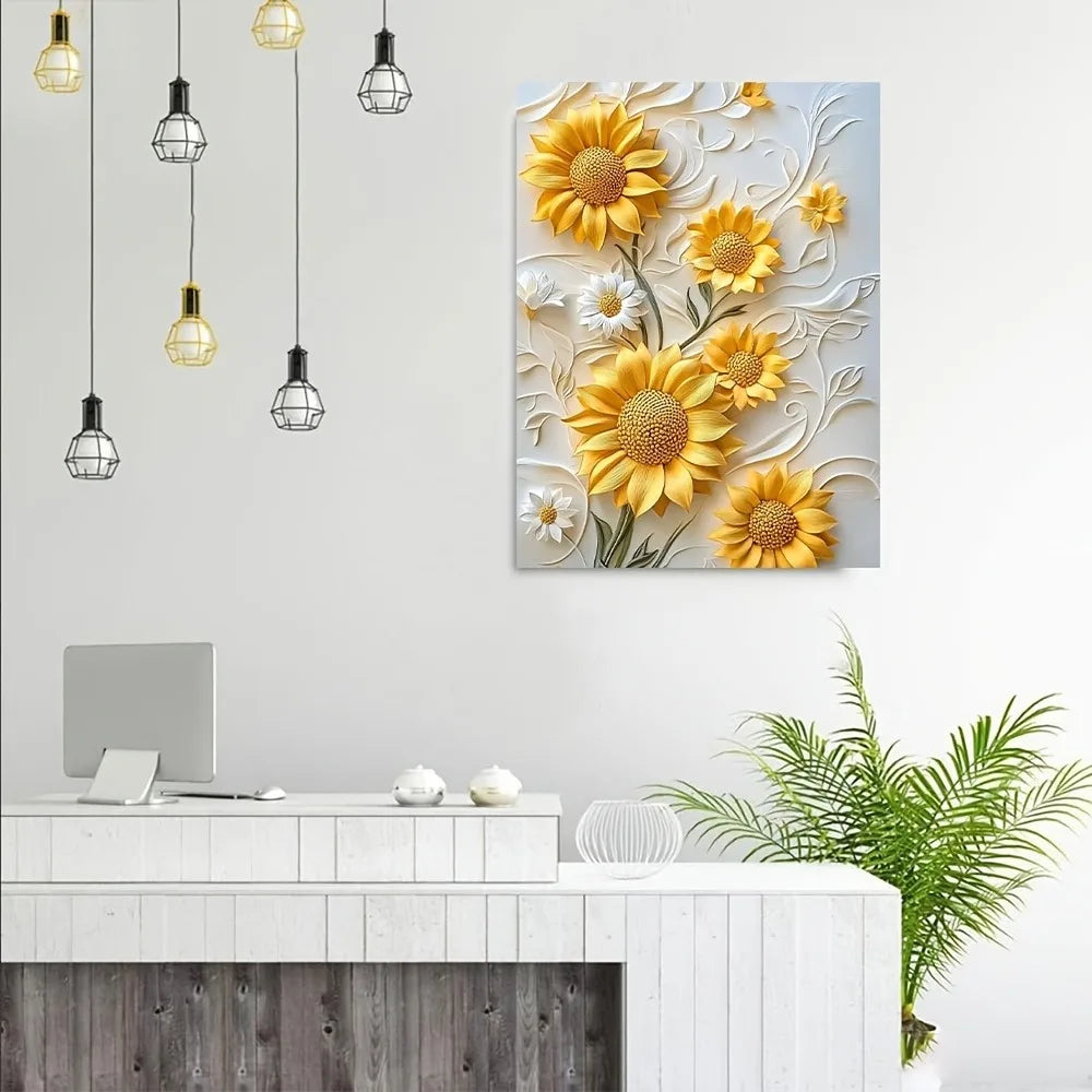 Sunflower Canvas Art With Wood Frame 3D Relief Wall Decor