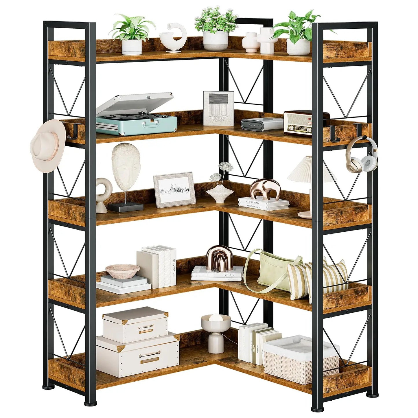 JHK Modern Wooden Corner Bookshelf With Metal Frame And Hooks