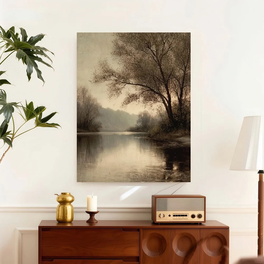 Framed Vintage Moody River Tree Landscape Canvas Wall Art
