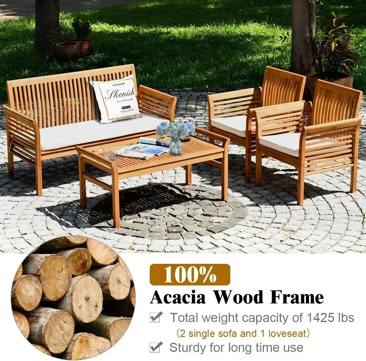 Acacia Wood Sofa Set With Water Resistant Cushions