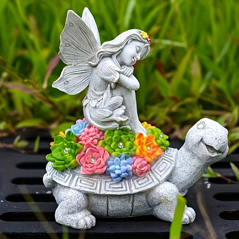 Solar Angel Turtle Resin Statue Garden Decor Outdoor Light