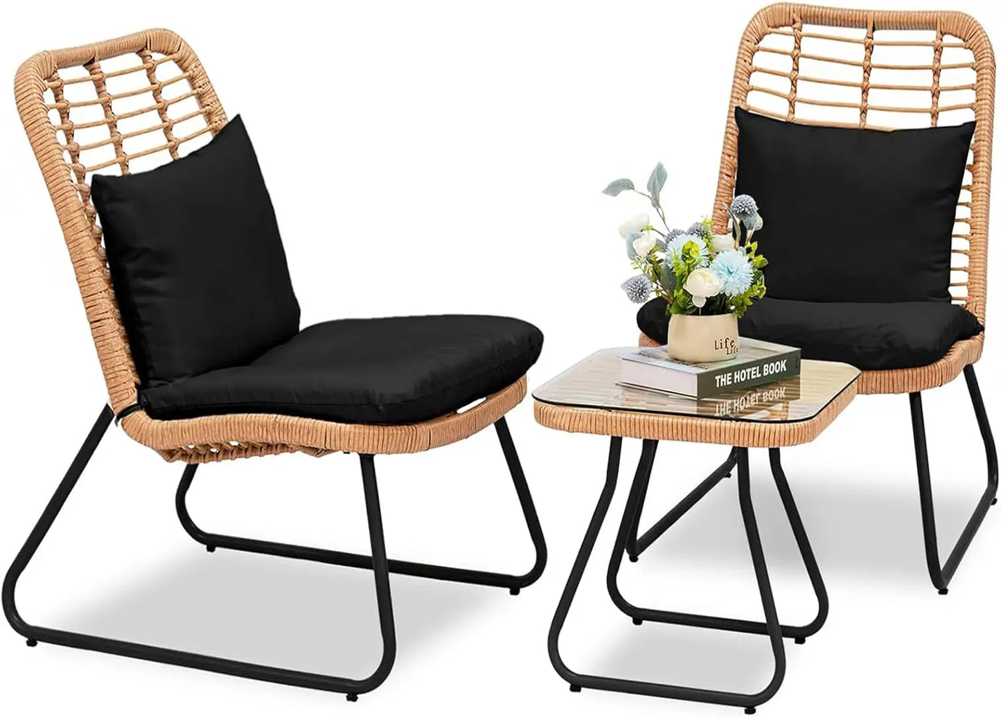 Outdoor Wicker Bistro Set With Glass Table And Two Chairs
