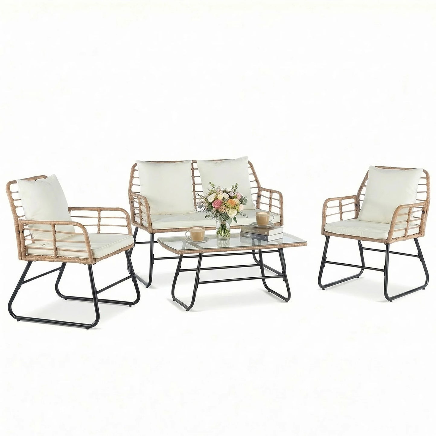 Outdoor Wicker Patio Furniture Set 4 Pieces With Glass Table And Cushions