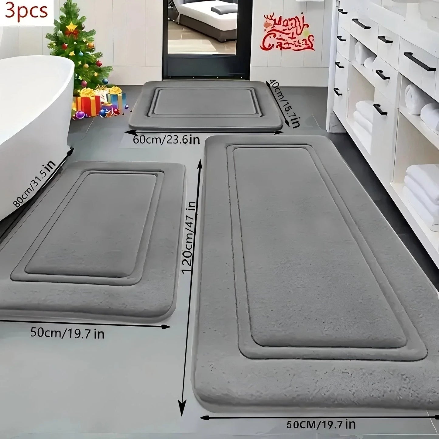 NONECN 3-Piece Absorbent Memory Foam Bath Mats Set Non Slip Quick Dry