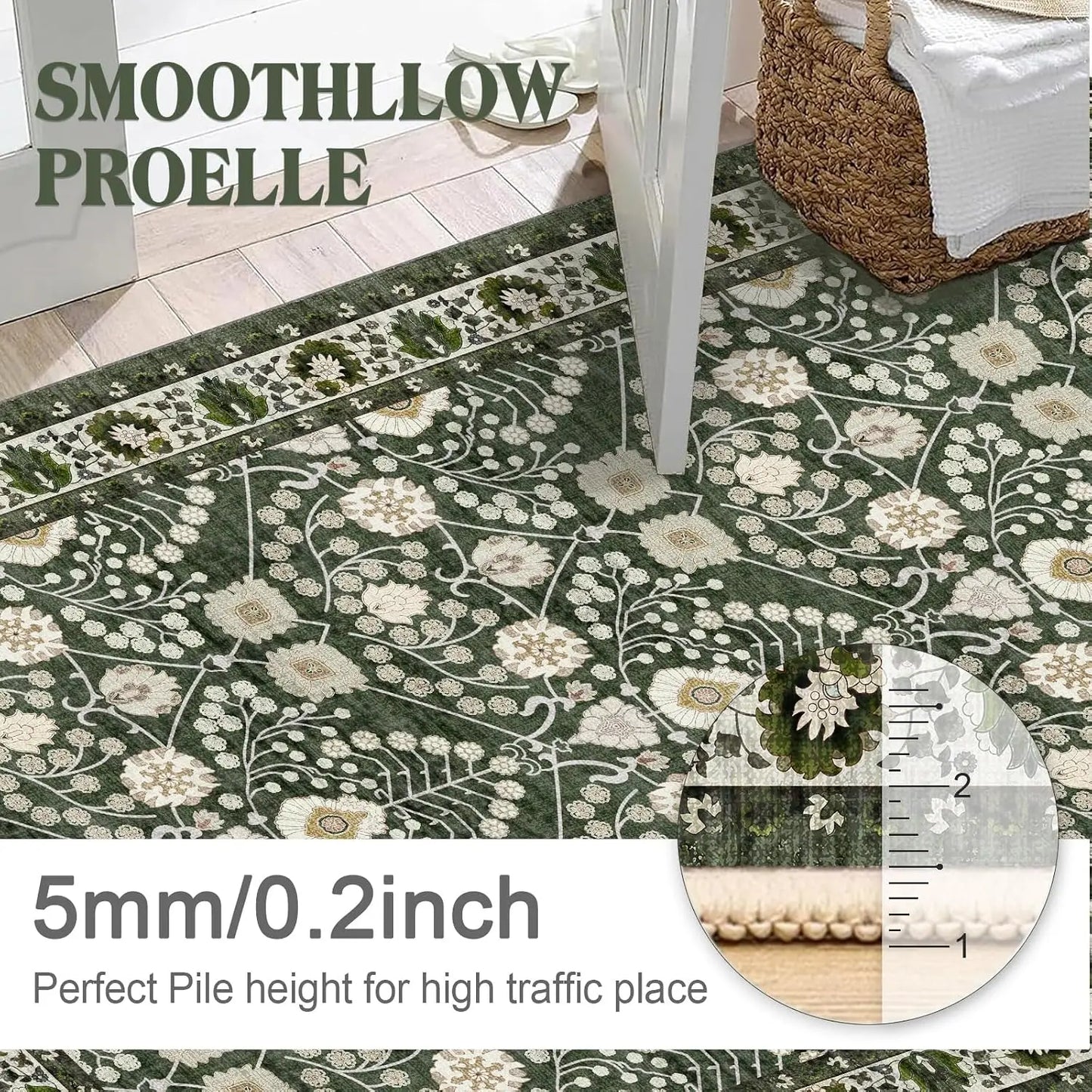 3x5 Boho Area Rug Machine Washable Non Slip Floral Carpet for Living Room Dining Room Laundry Room Dark Green