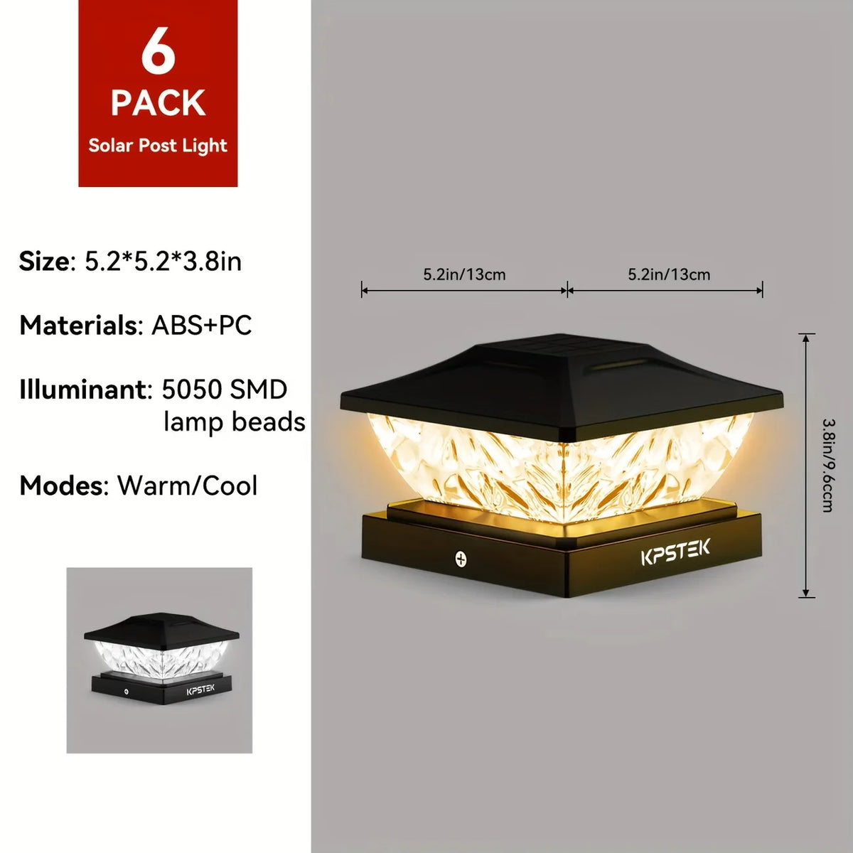 KPSTEK Solar Outdoor Fence Light Waterproof Led Garden Pillar Lamp