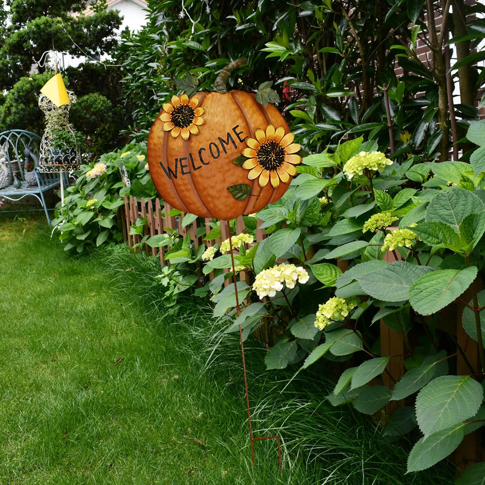 NONEM Metal Pumpkin Yard Sign Stakes With Sunflowers