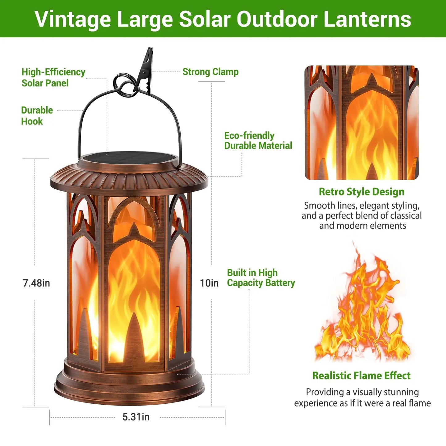 Solar Lantern Lights Flickering Flame LED Auto On Off Waterproof