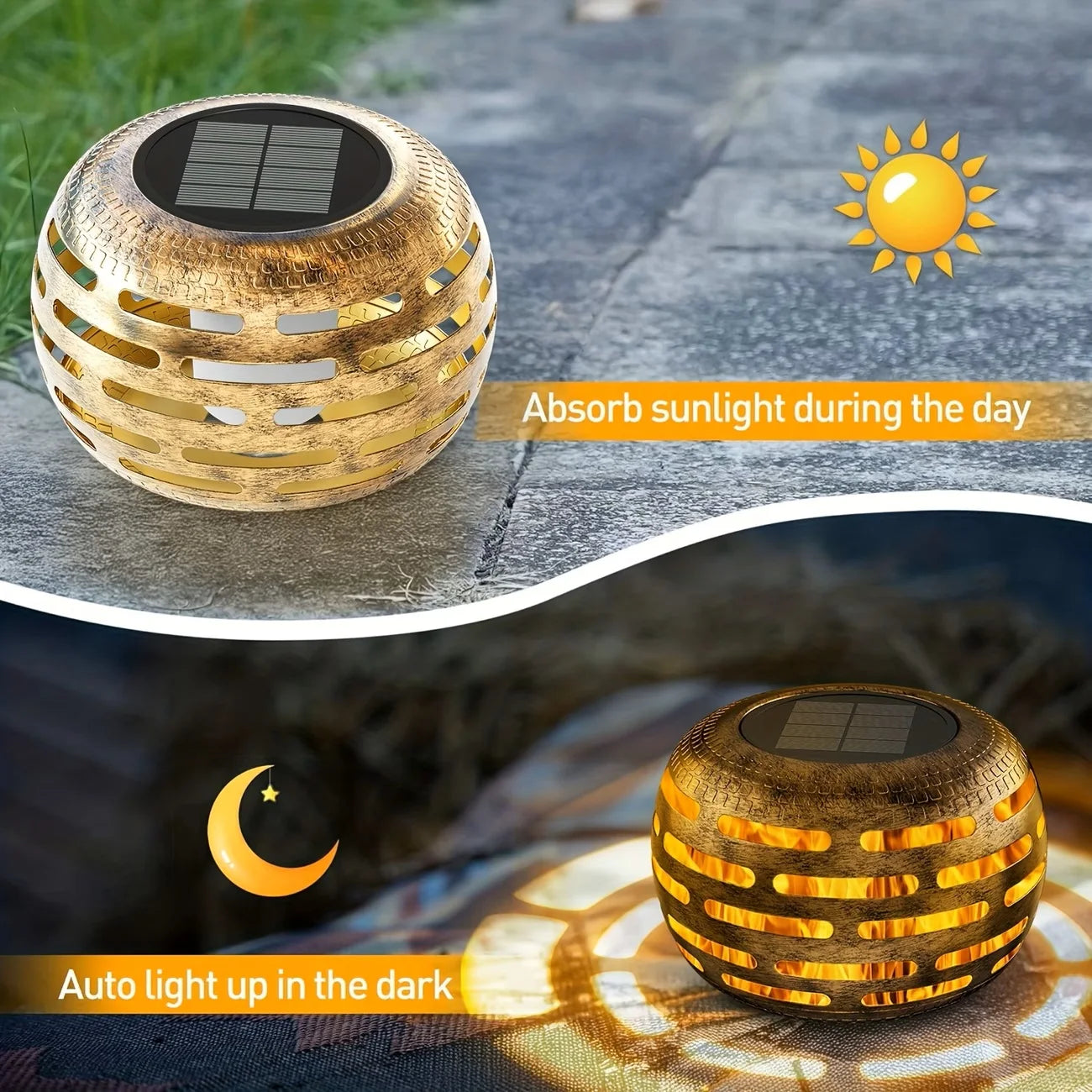 Retro Hollow Metal Solar Lanterns Outdoor Waterproof Flickering LED Garden Decor