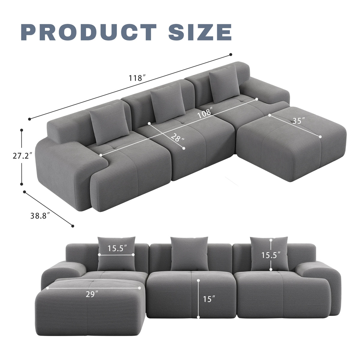 GAOHAPY Modular Corduroy Sectional Sofa with Wide Armrests