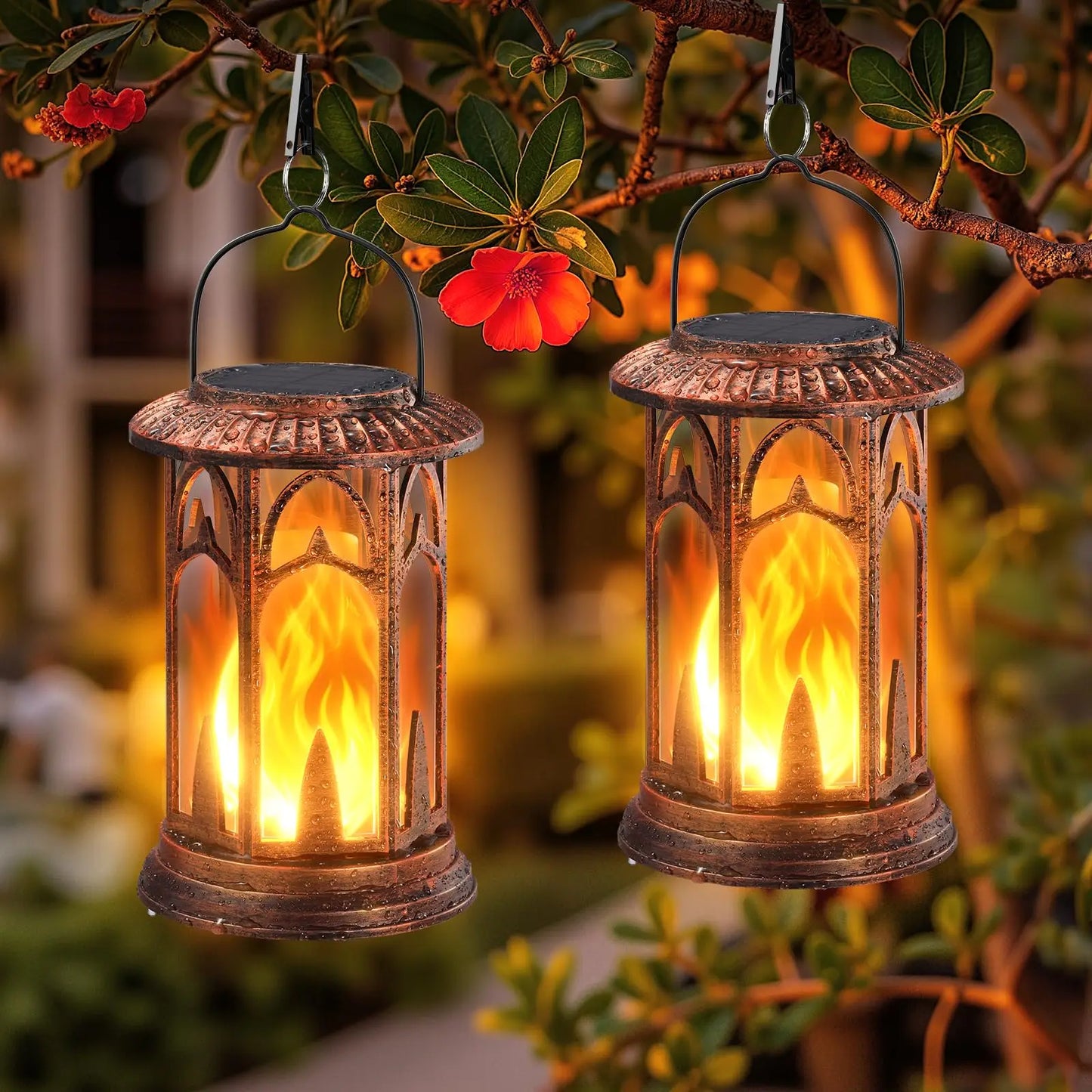 Solar Lantern Lights Flickering Flame LED Auto On Off Waterproof