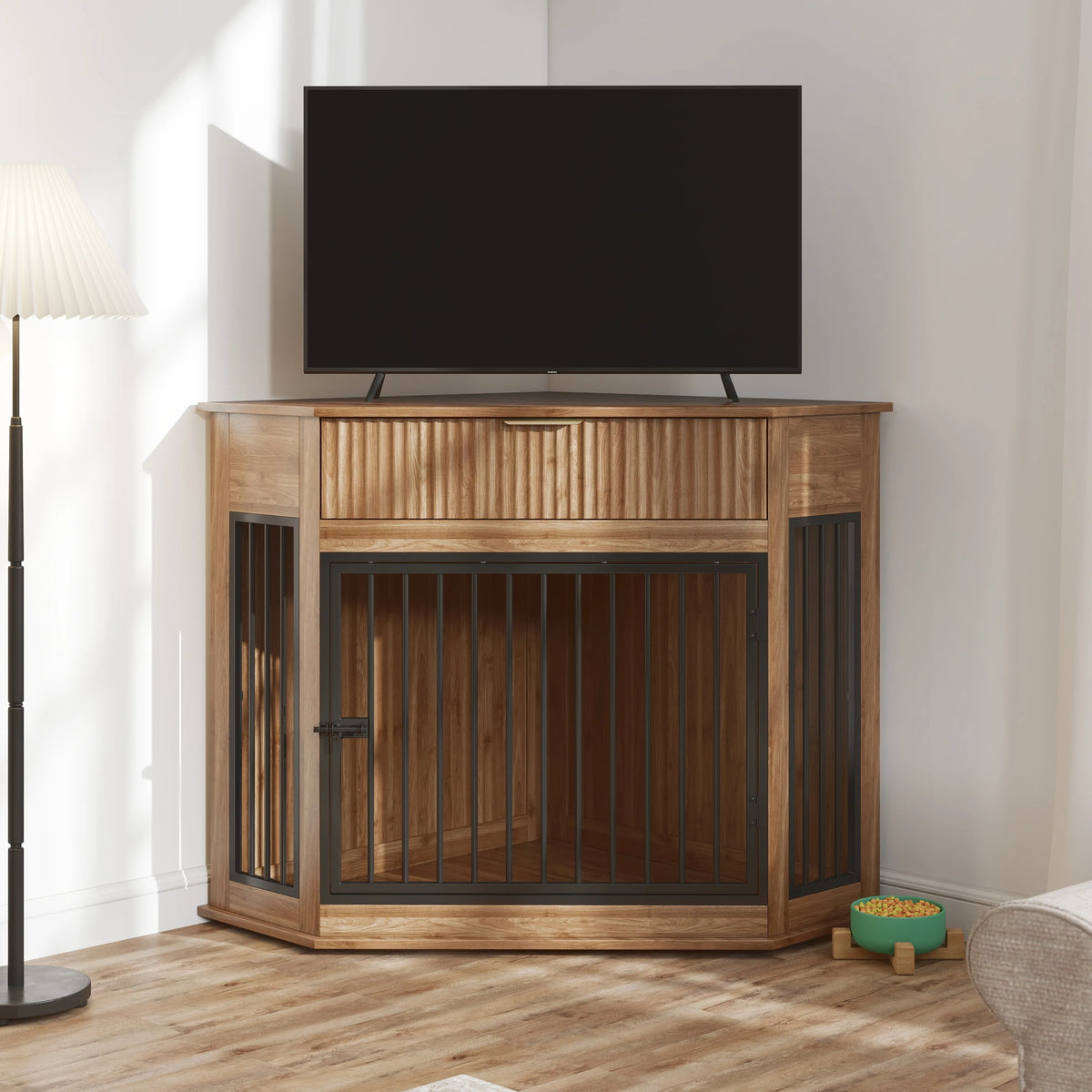 Corner Dog Crate Furniture with Fluted Drawer Storage