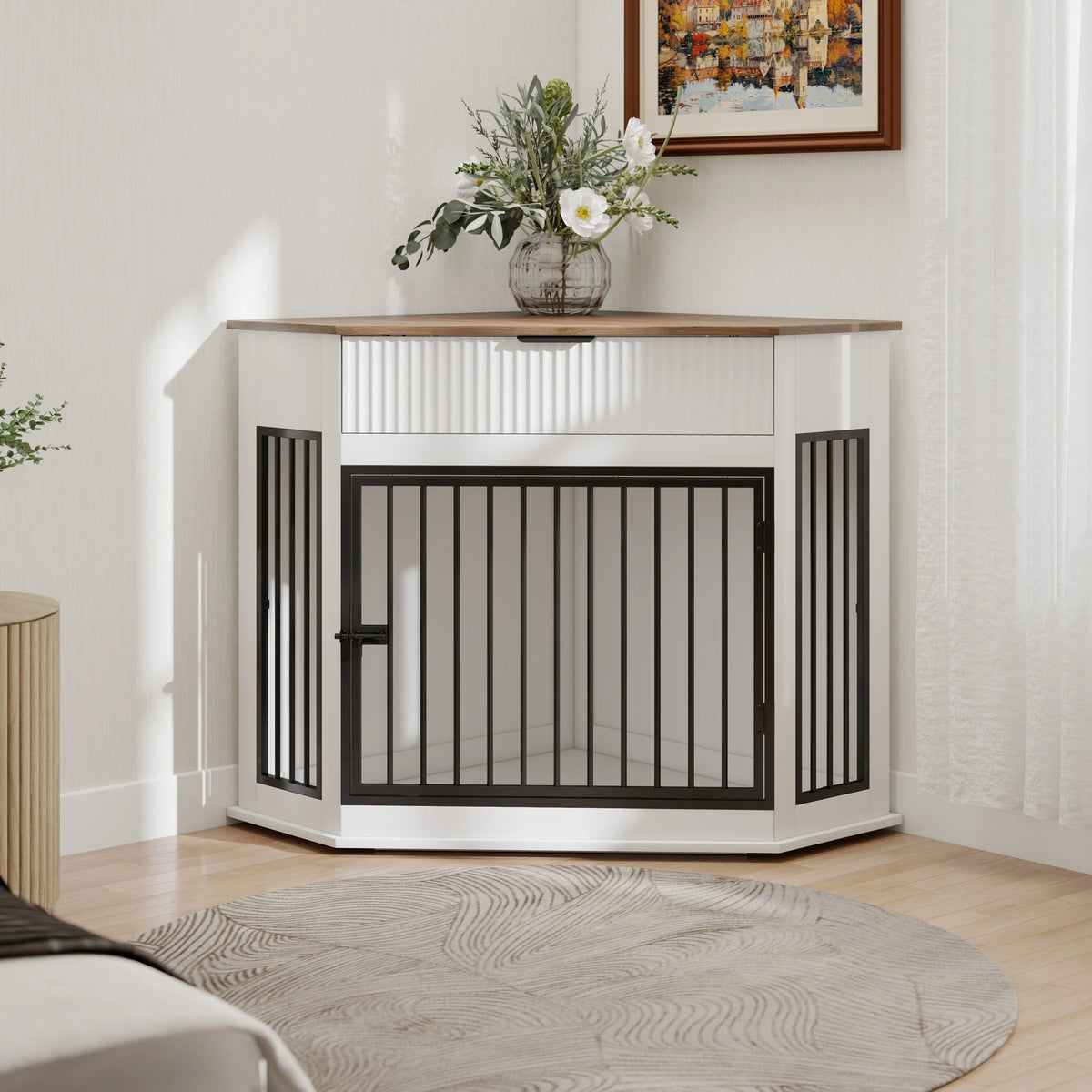 Corner Dog Crate Furniture with Fluted Drawer Storage