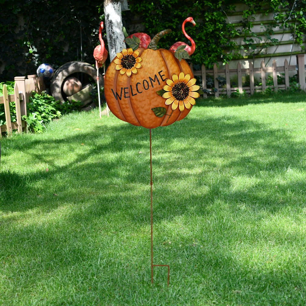 NONEM Metal Pumpkin Yard Sign Stakes With Sunflowers