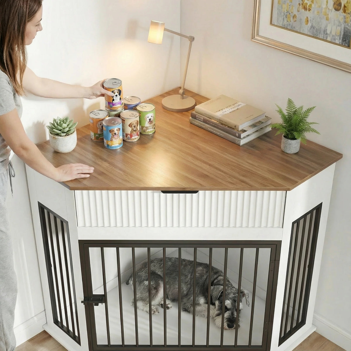 Corner Dog Crate Furniture with Fluted Drawer Storage