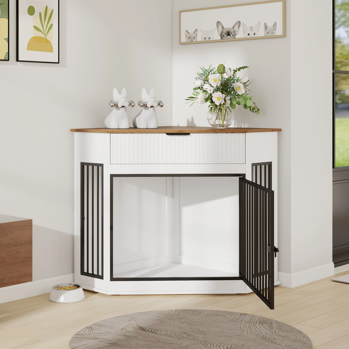 Corner Dog Crate Furniture with Fluted Drawer Storage